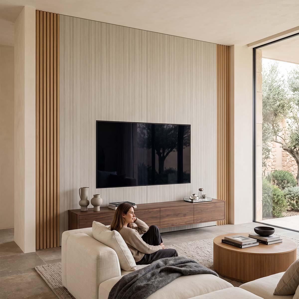 Panel WPC "White Stripes" con acanalado vertical en tono taupe, revestimiento de pared para comedor moderno

