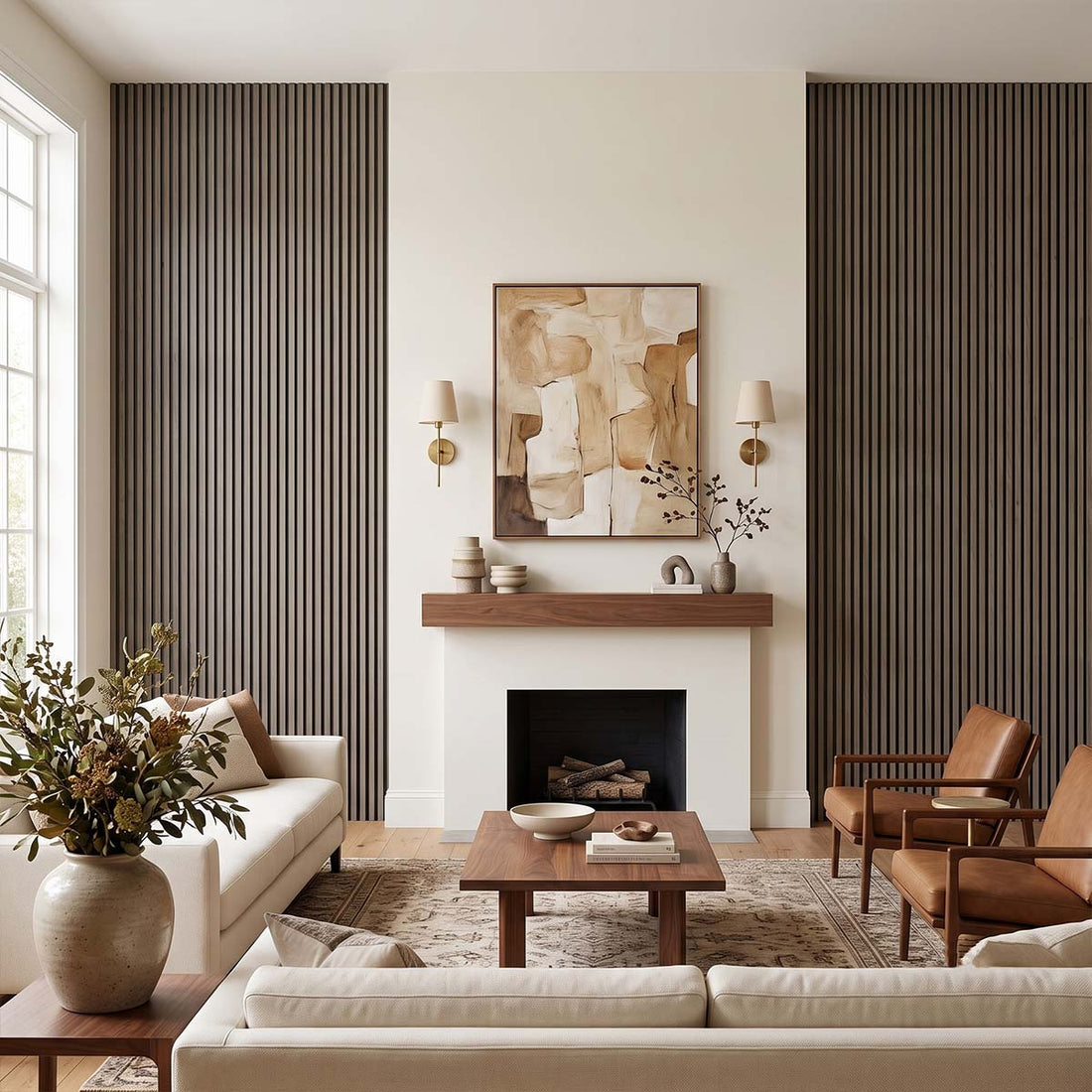 Listones de pared WPC de canto plano en tono oscuro, enmarcando una chimenea en un salón acogedor con sofás en tonos crema y sillones de piel marrón
