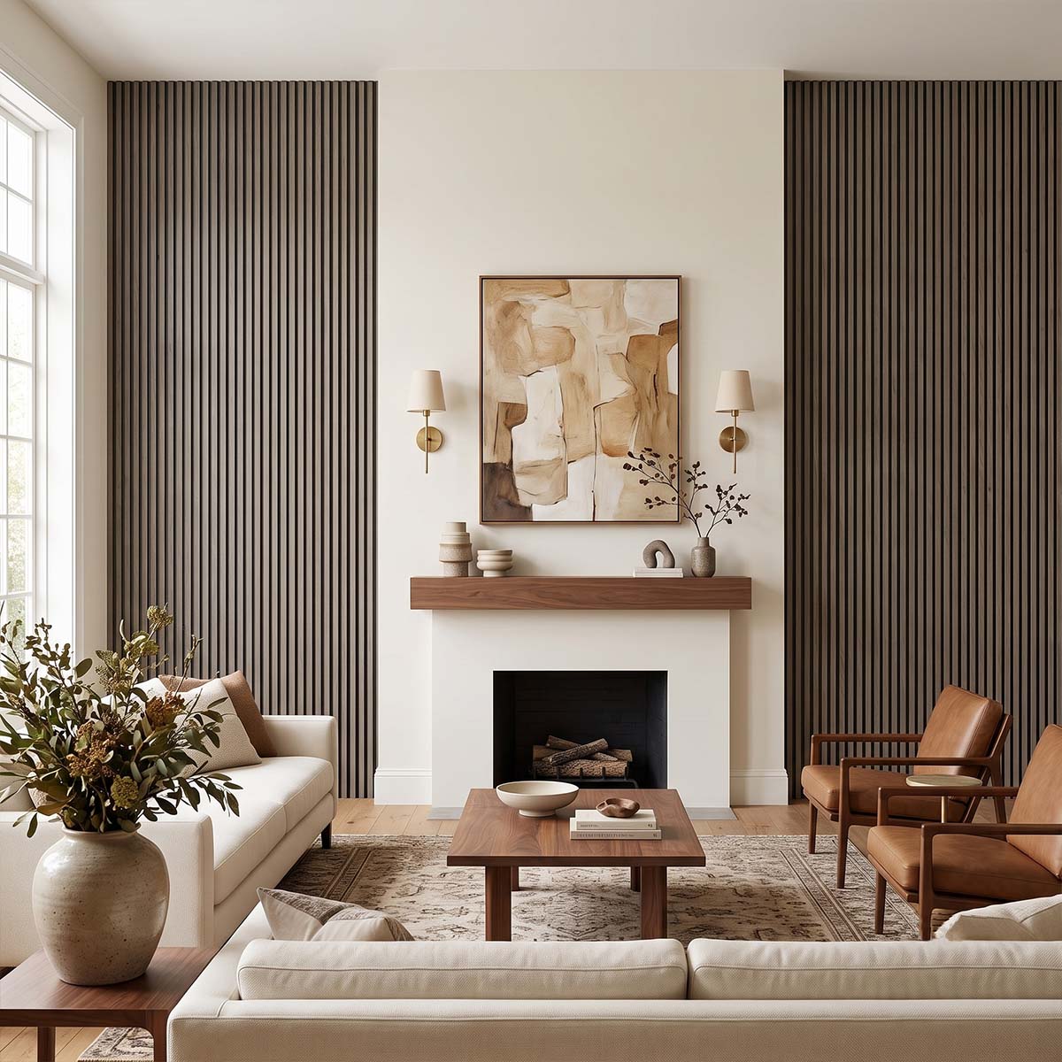 Listones de pared WPC de canto plano en tono oscuro, enmarcando una chimenea en un salón acogedor con sofás en tonos crema y sillones de piel marrón

