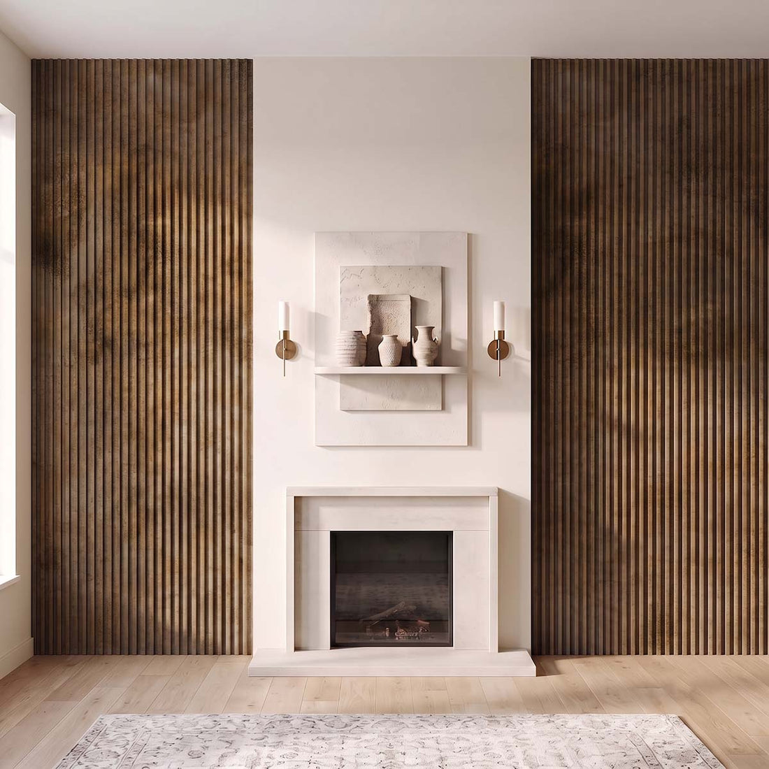Listones de pared WPC de perfil V suave que enmarcan una chimenea de estilo elegante
