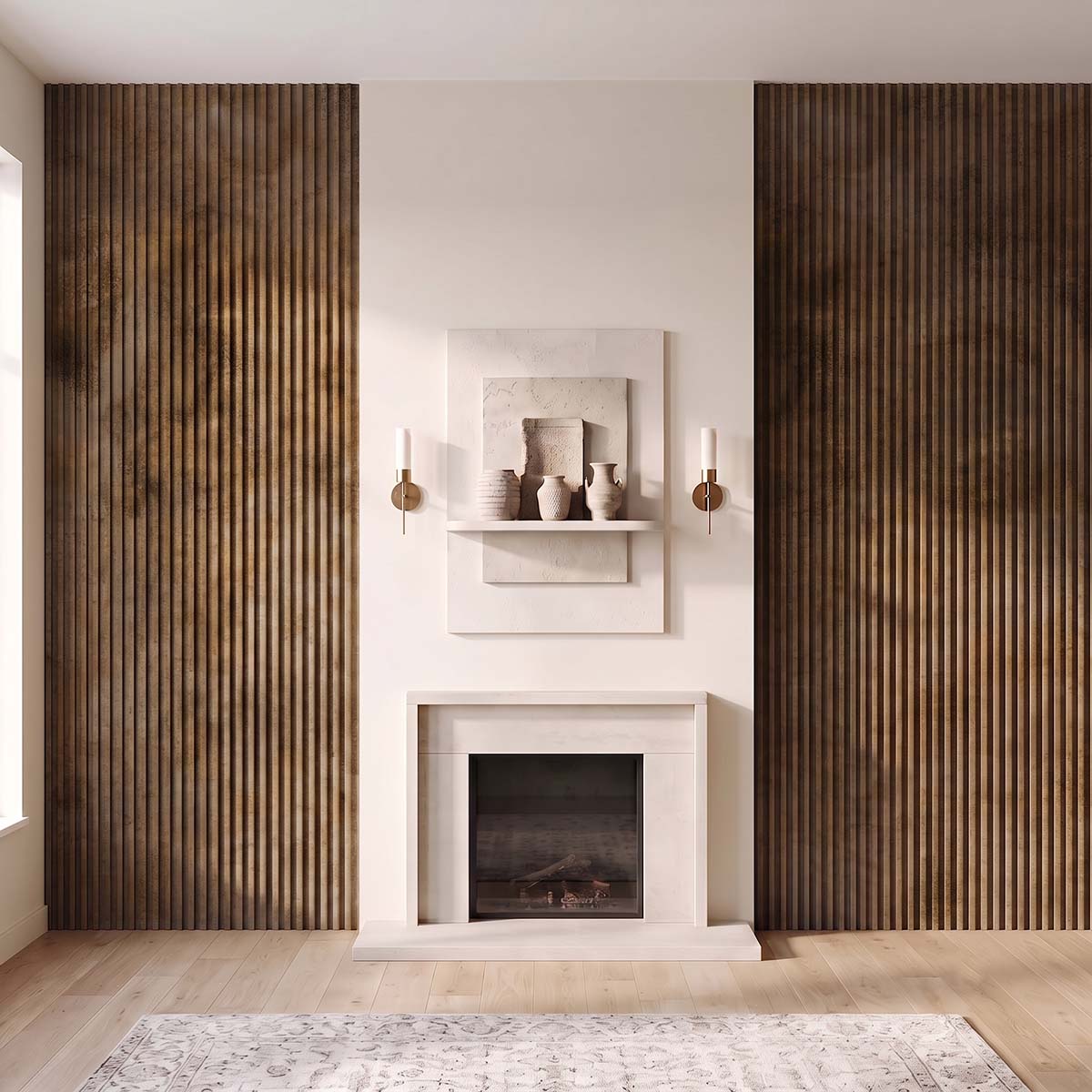 Listones de pared WPC de perfil V suave que enmarcan una chimenea de estilo elegante
