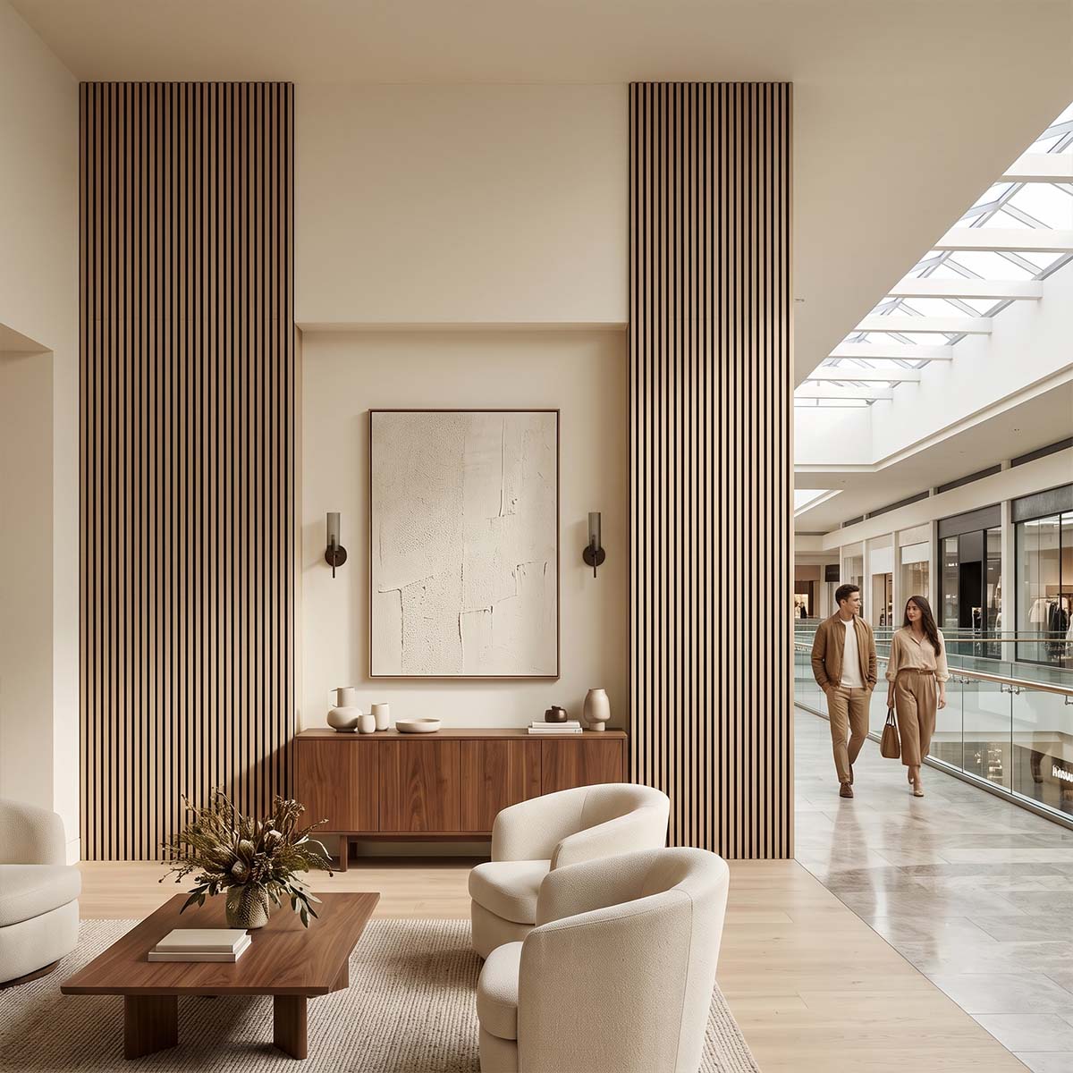 Listones de pared WPC de canto plano que elevan un centro comercial moderno y luminoso
