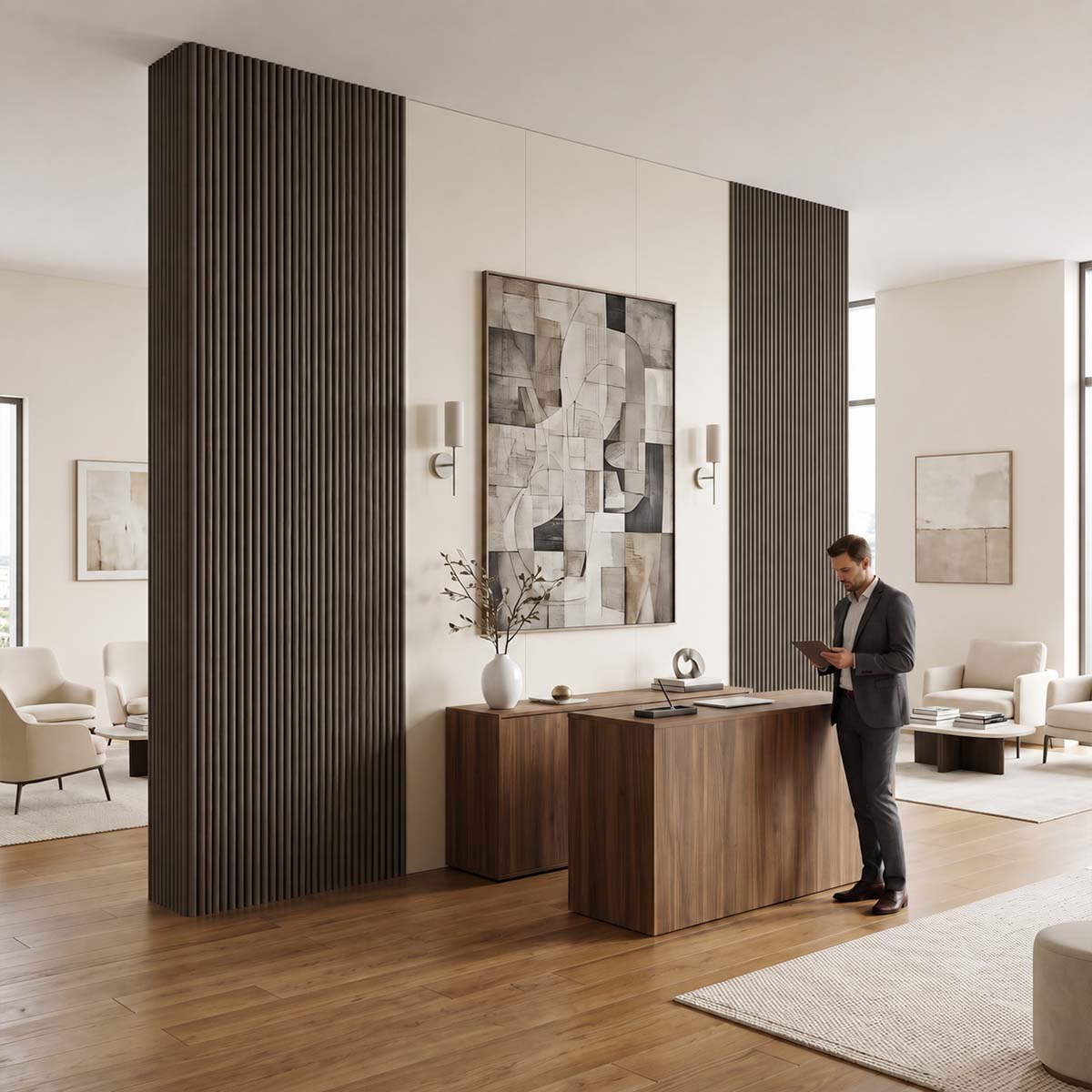 Listones de pared WPC con canto redondeado en despacho moderno
