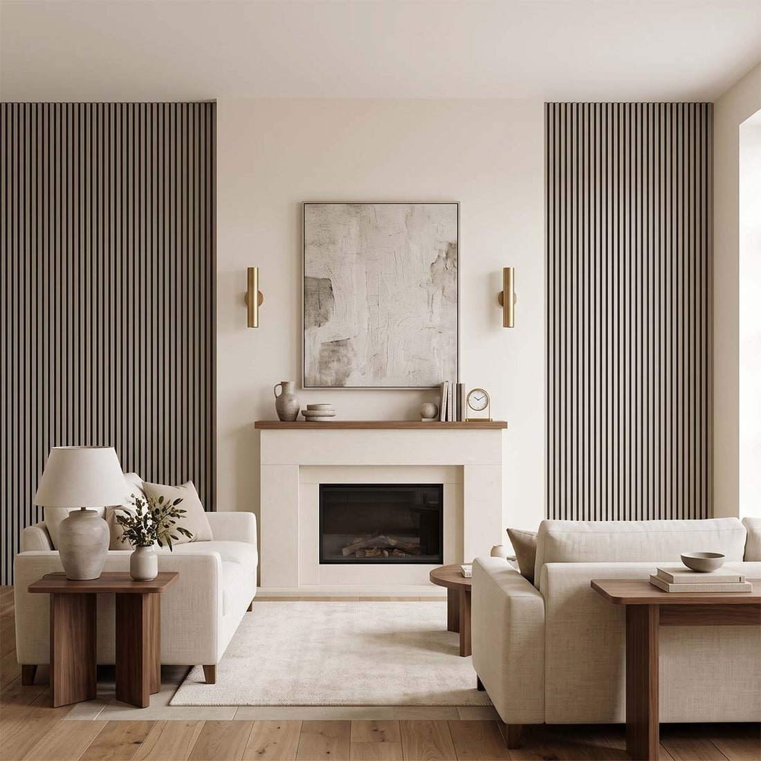 Listones de pared WPC de canto plano en tono natural, panel de lama para salón de lujo
