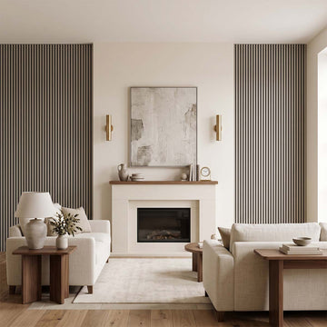 Listones de pared WPC de canto plano en tono natural, panel de lama para salón de lujo
