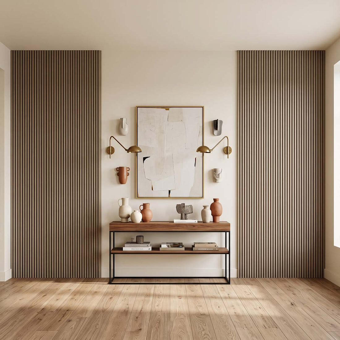 Listones de pared WPC de canto plano en tono nogal, panel de lama para pared decorativa
