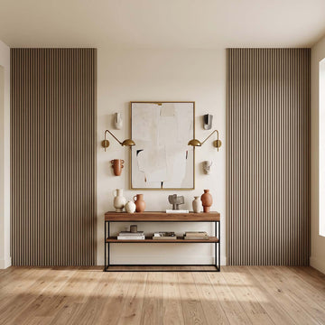 Listones de pared WPC de canto plano en tono nogal, panel de lama para pared decorativa

