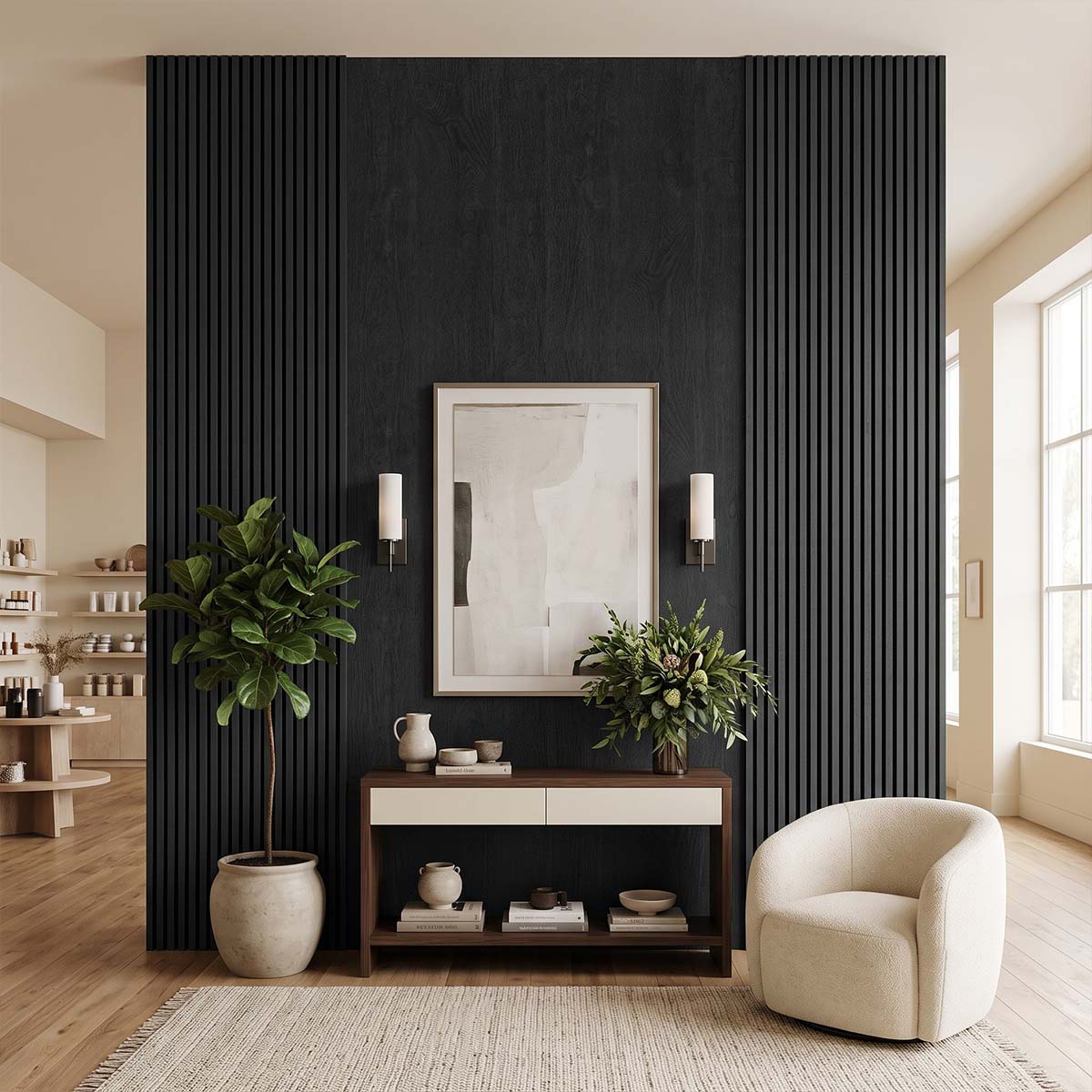 Listones de pared WPC de canto plano en negro, panel de lama para espacio artístico
